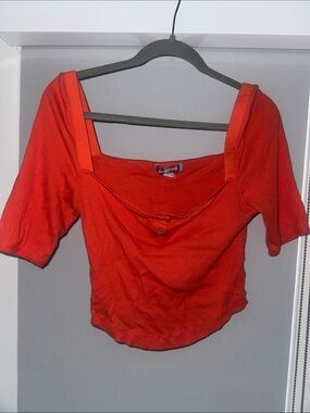 Urban Outfitters Orange Square-Neck Ribbed Crop Top with Button Detail